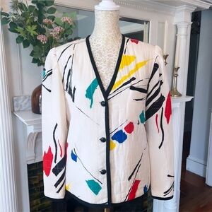 VINTAGE LEVINO VERNA 100% Silk White & Multi Color Abstract Print Jacket Size 4